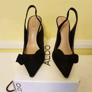 Aldo Black Leather Suede Bow Pointed Toe Slingback